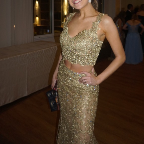 2 Piece Gold Lace Formal Dress- Sherri Hill - Picture 1 of 3